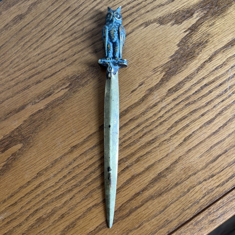 Vintage MCM Heavy Brass Owl Letter Opener Patina Ornate 8.5"